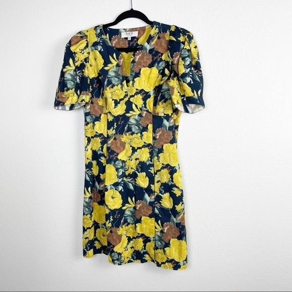 Sea New York Ella Puff Short Sleeve Floral Mini Dress Yellow Green Size 2 Party - Picture 2 of 6